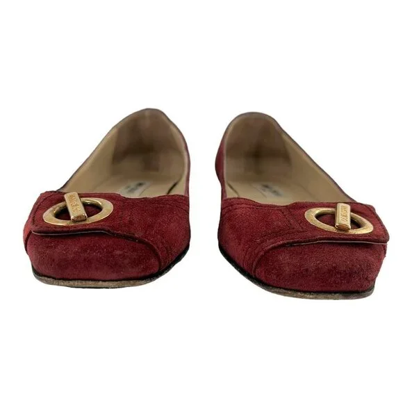 JIMMY CHOO Maroon Red Suede Square Toe Logo Buckle Flats Size 39.5 / US 9.5 - Picture 3 of 9